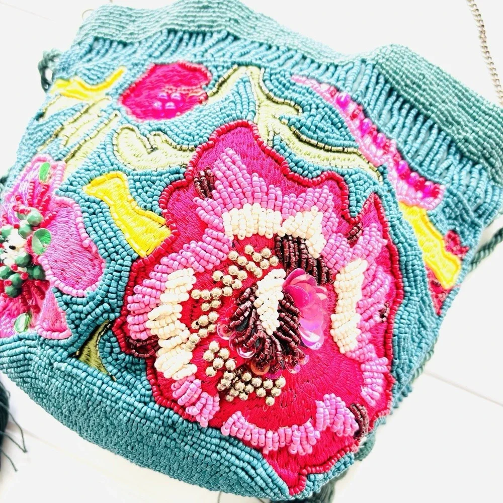 TikTok Viral India Beaded Bucket Bag Floral Embroidered Tassels Teal Crossbody